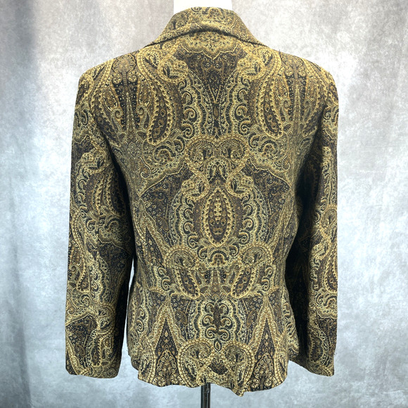 Focus 2000 Women 12 Peplum Jacket Brown Gold Paisley Topaz Jeweled Snap Closure - Picture 4 of 7